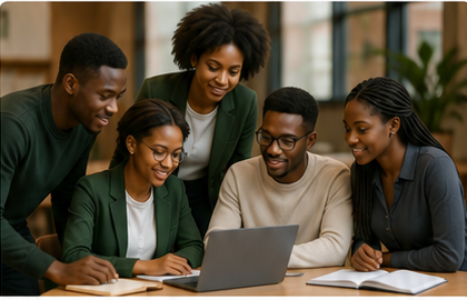 Young Nigerian leaders collaborating around a laptop